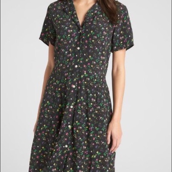 Gap Fit and Flare Button Floral Dress - Black - Picture 2 of 5